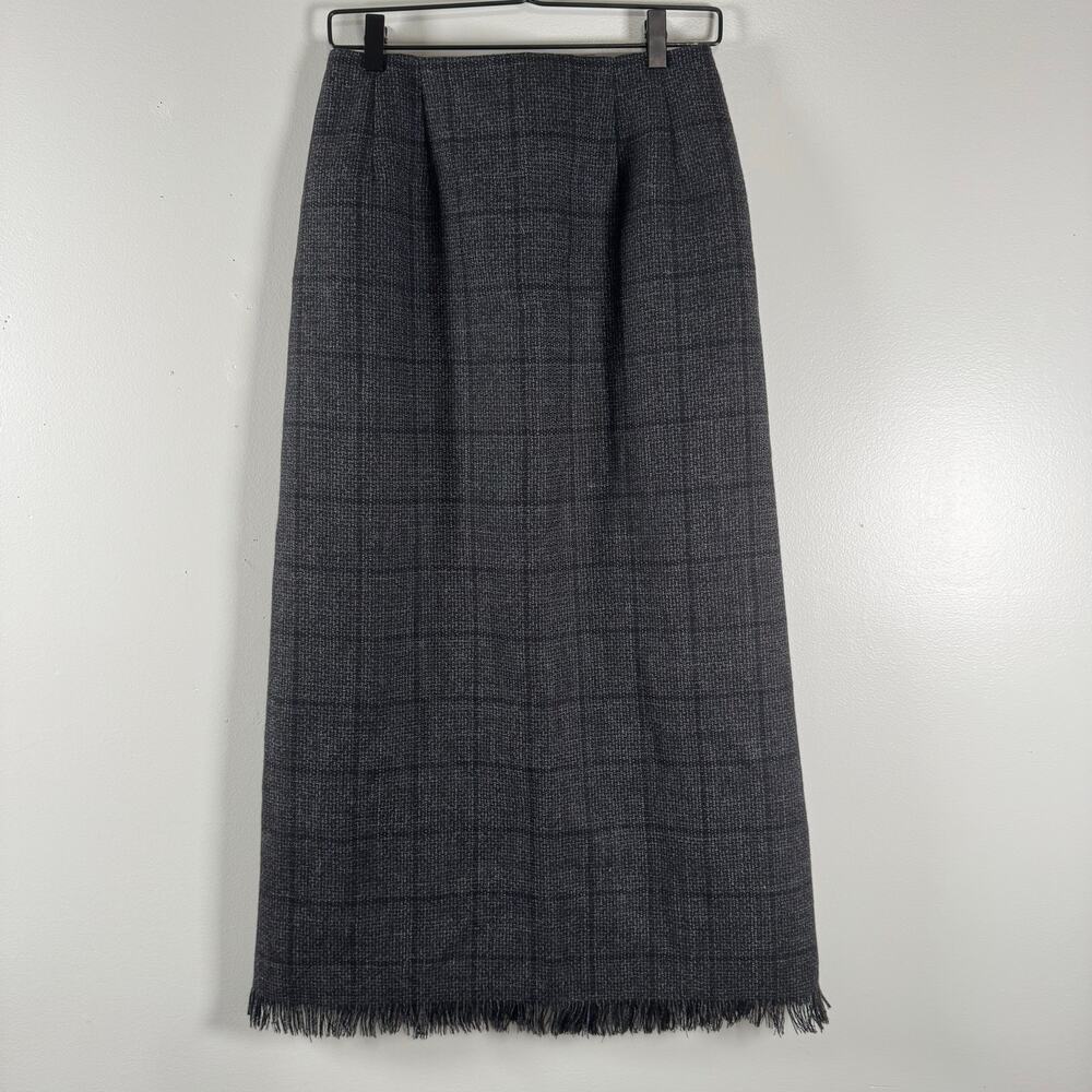 Harve Benard Sport Women Black 100% Wool Fringe Lined Long Pencil Skirt Plaid 8 - Picture 2 of 8